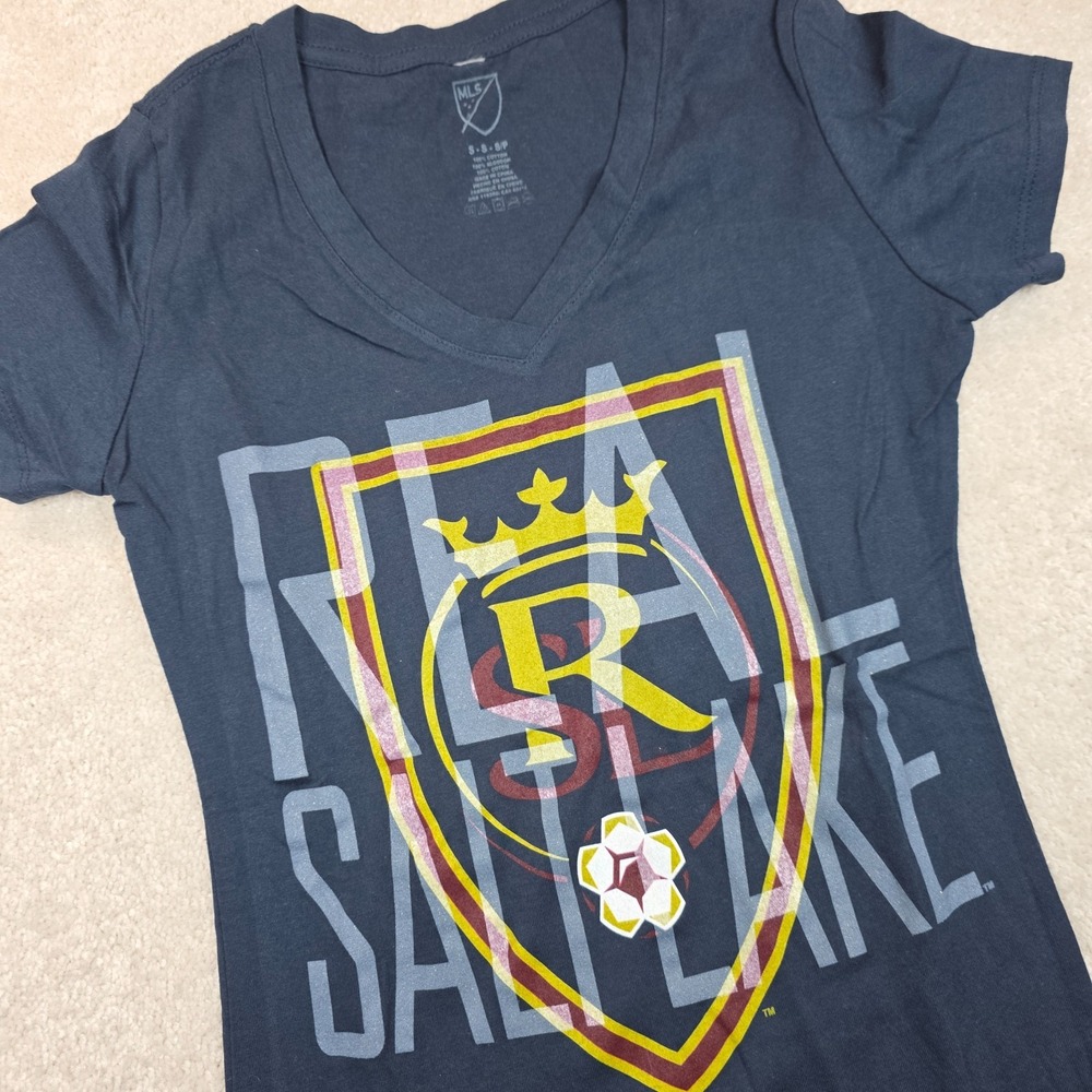 MLS Soccer Real Salt Lake T-Shirt Womens S Blue V-Neck Short Sleeve Graphic NWOT